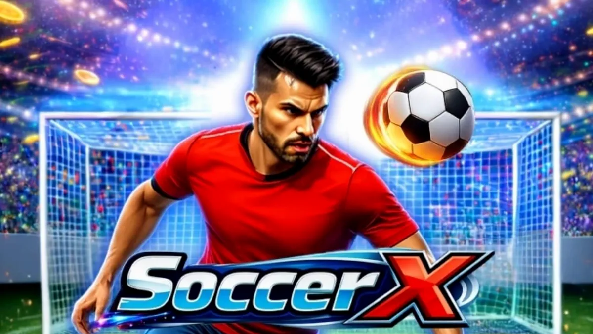 Captura de tela do jogo SoccerX, mostrando um goleiro focado em um campo de futebol iluminado à noite, com a escada de multiplicadores brilhante ao lado.