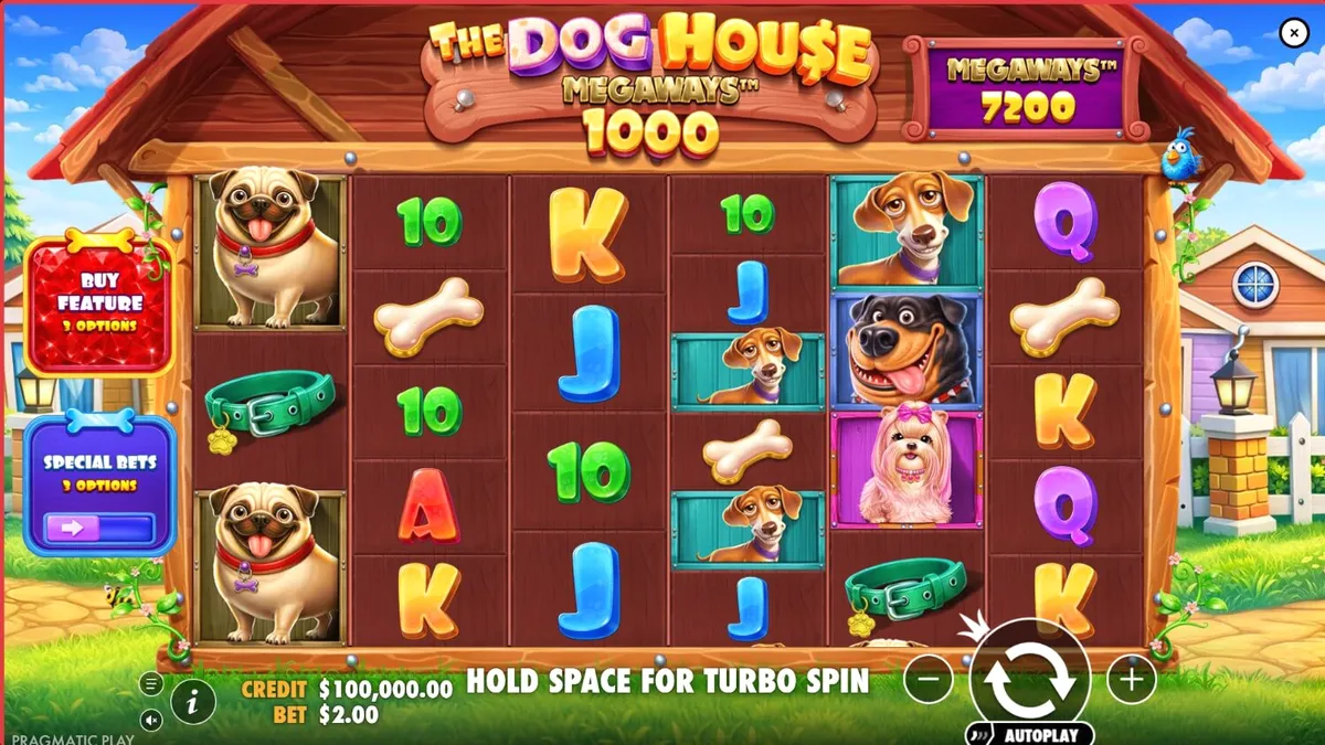 The Dog House Megaways 1000 slot machine interface featuring playful dogs and countryside theme.