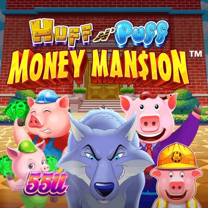 Interface do slot Huff N Puff Money Mansion com elementos temáticos de porquinhos e mansão